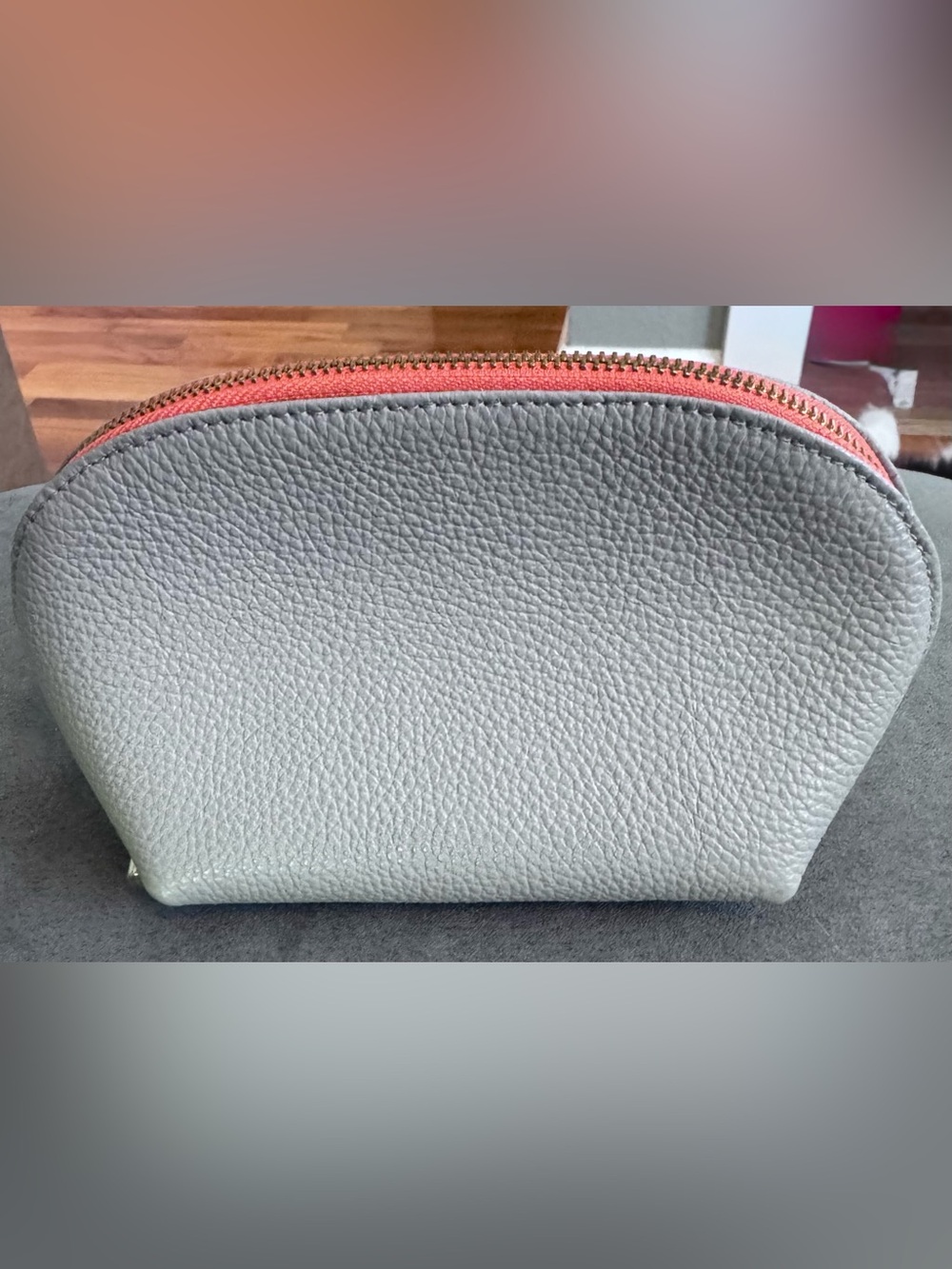 Women's Cosmetic Pouch - Light Gray Pebble Leather with Bright Orange Zipper